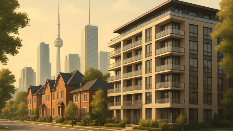 Editorial illustration of a Canadian street with townhouses and a mid‑rise skyline under soft daylight