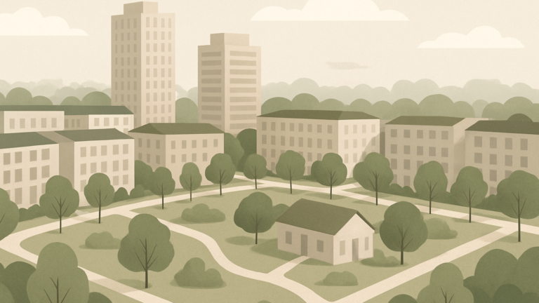 Stylized editorial illustration of a mixed-use residential neighbourhood with parks and mid-to-high rise buildings