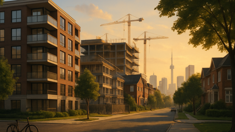 Digital illustration of Canadian neighbourhood with mid‑rise housing and construction cranes at golden hour